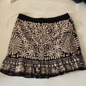 Free People Black Mini Skirt with Cream Embroidered Floral Motif Medium